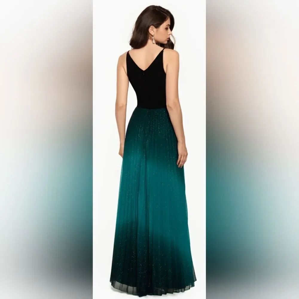 Betsy & Adam Berkley V-Neck Jersey Pleated Glitter Dress NWOT Sz 6 Teal/Black - Picture 2 of 5